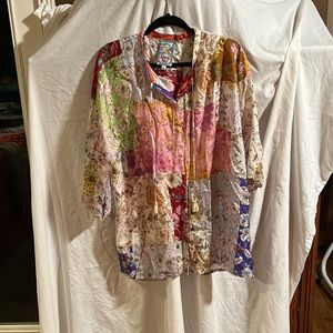 Johnny Was silk multi colored shirt. Long scalloped sleeves